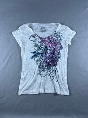 Stranded T-Shirt Womens XL White V Neck Floral Burnout Graphic Y2K Grunge Top